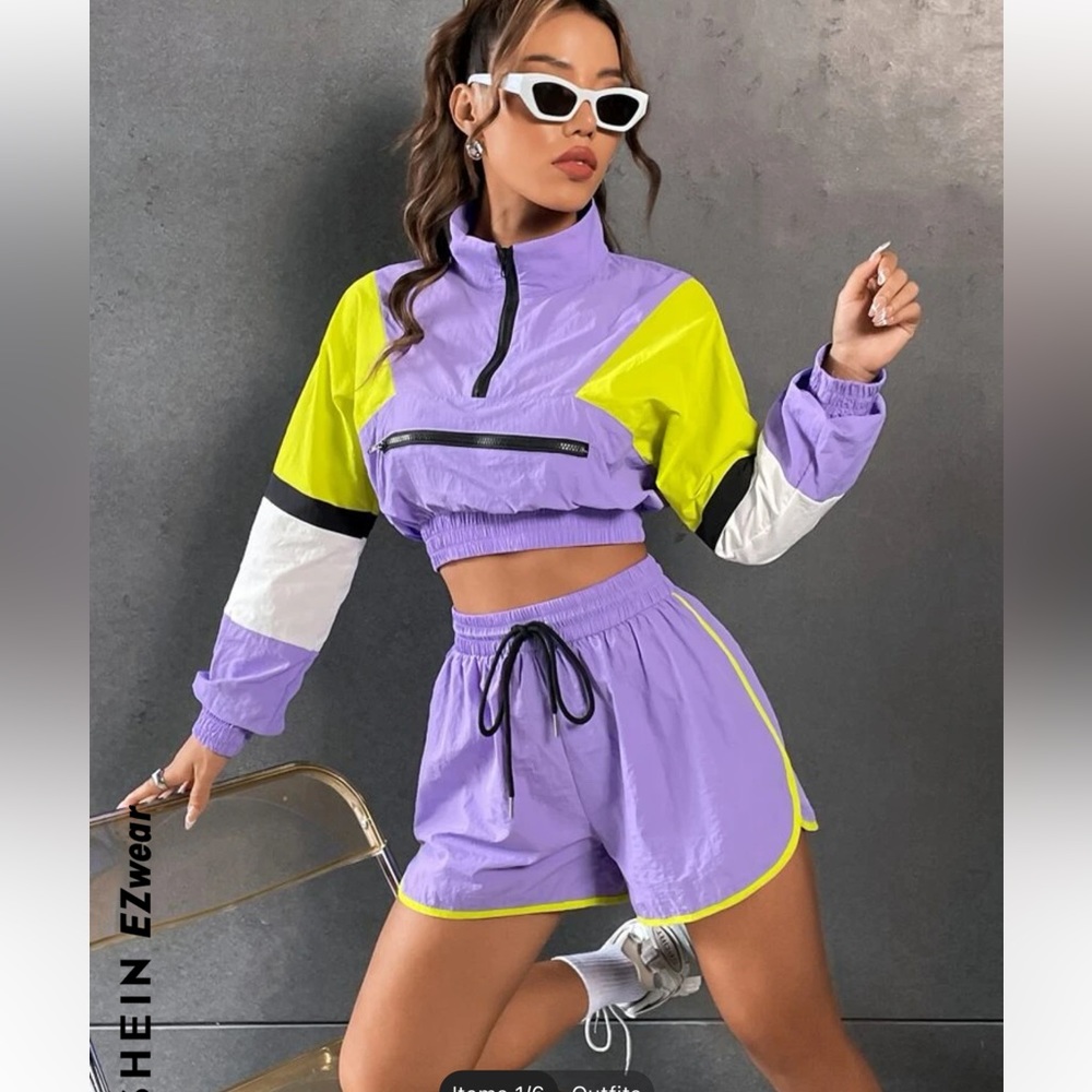 Colorblock half zip sweatshirt & drawstring waist shorts tracksuit 90s